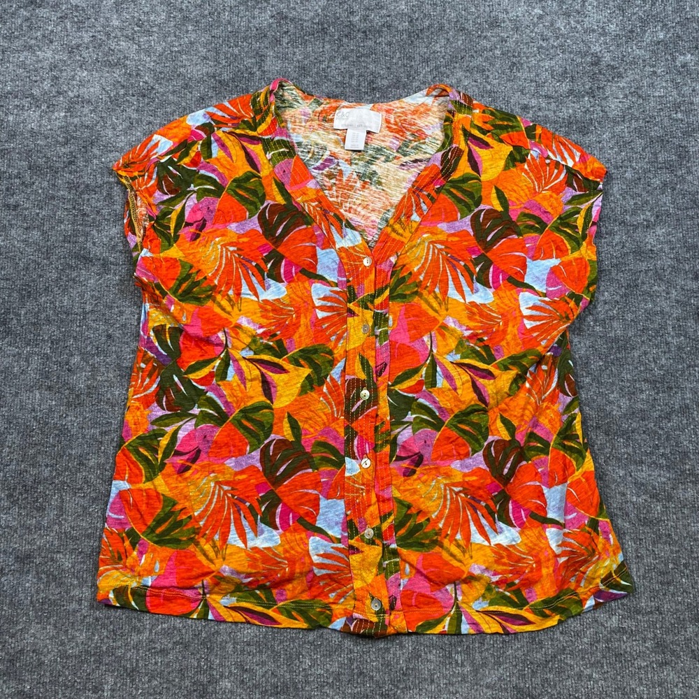 C&C California Women 1X Tropical Leaf Linen Lyocell Button Down V-Neck Top Multi